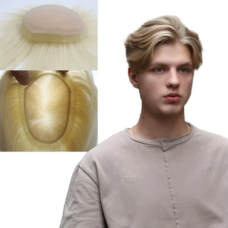 #613 Male Wig Ombre Blonde Human Hair Toupee for Men Full PU 0.06mm Thin Skin Hairpieces System V Loop Prosthesis