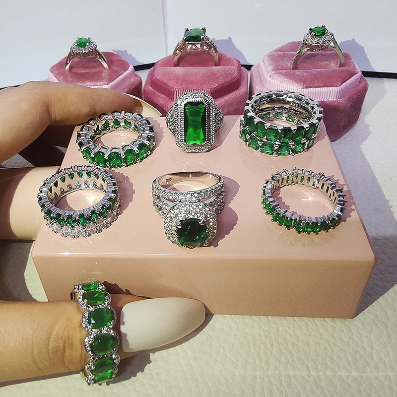 2023 New Arrival Luxury Green Pink Silver Color Eternity Band Wedding Engagement Ring Set for Women Jewelry Special Designer Z14