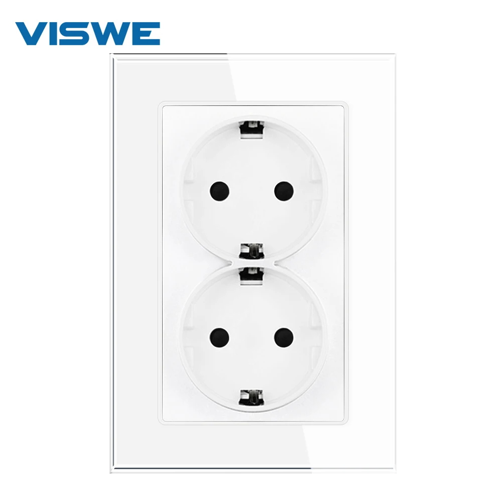 VISWE  upright double Socket,White Crystal Glass,AC 110-250V,Wall Powerpoints With Plug,16A EU double socket