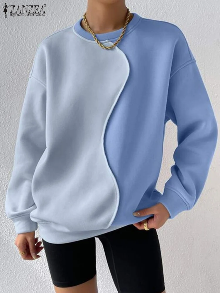 ZANZEA Frauen Street Fashion Sweatshirts Farbe Block Unregelmäßige Patchwork Langarm Hoodies Herbst Lose Beiläufige O Neck Pullover