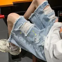 Men Ripped Holes Shorts Men's Summer Denim Shorts with Elastic Drawstring Waistband Pockets Casual Solid Color Wide Leg for A