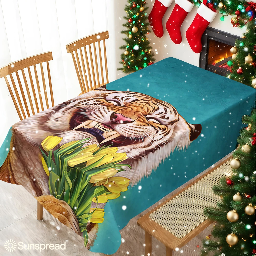 Whimsical Tiger with Tulips Table Cloth Waterproof Tablecloth Spill Proof Table Cloth, Wipe Clean Table Cloth for Dining Camping