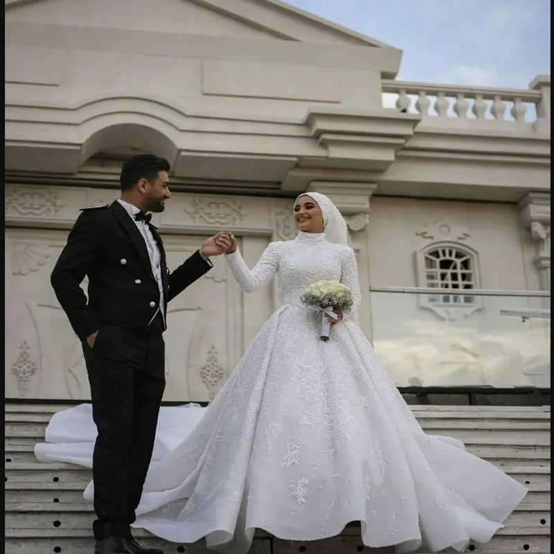 

Customized High Collar Muslim Appliques Beads A-Line Wedding Dress Vestido De Noiva Long Sleeves Church Country Bridal Gowns
