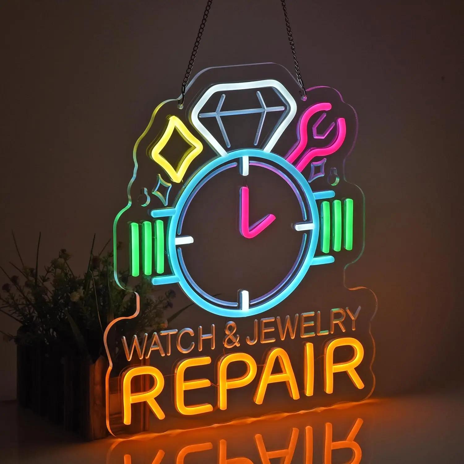 Watch Jewelry Repair Neon Sign LED Business Store Neon Light for Certified Service Shop Workshop Craft Fairs Market Booth Decor
