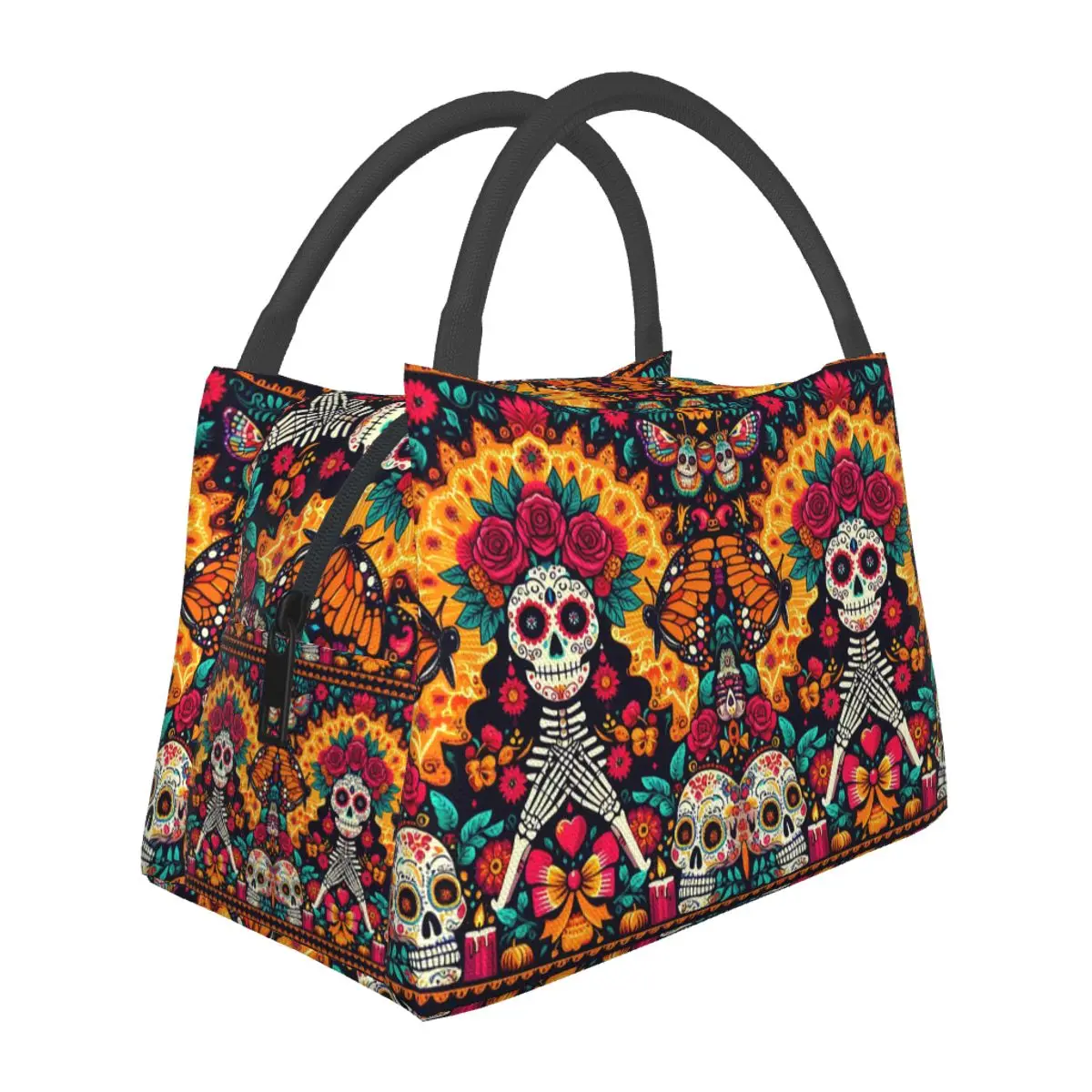 

Mexican Sugar Skulls And Flowers Insulated Lunch Bag for Women Picnic Storage Food Boxes Container Cooler Thermal Lunch Box Tote
