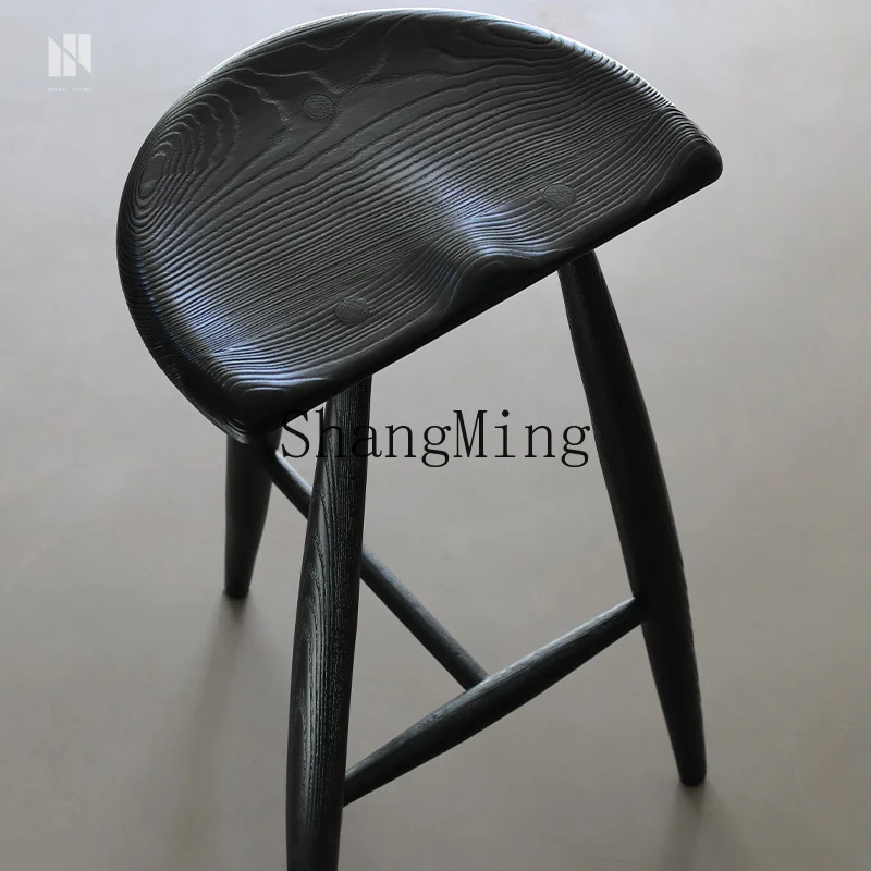 LXY wabi-sabi الرياح الخشب الصلب المنزل الأسود المتفحمة كرسي طويل الساق خشب الرماد مقعد مرتفع الراحة البراز