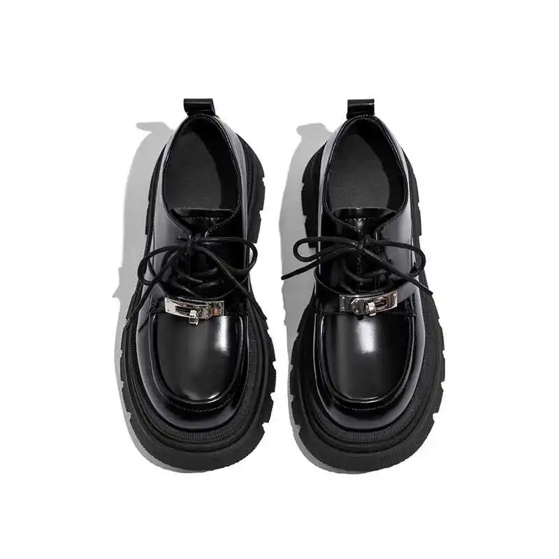 Sanfu Genuine Leather Platform Black Small Leather Shoes Women 2024 Spring and Autumn Lace-up British Sle Retro All-Match L...