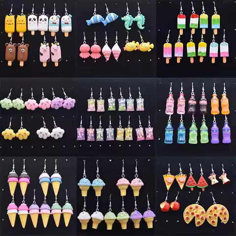 Earring For Women Resin Handmade Cute Animals Ice Cream Drinks Candy Fruits Pissa Drop Earrings Funny Gift