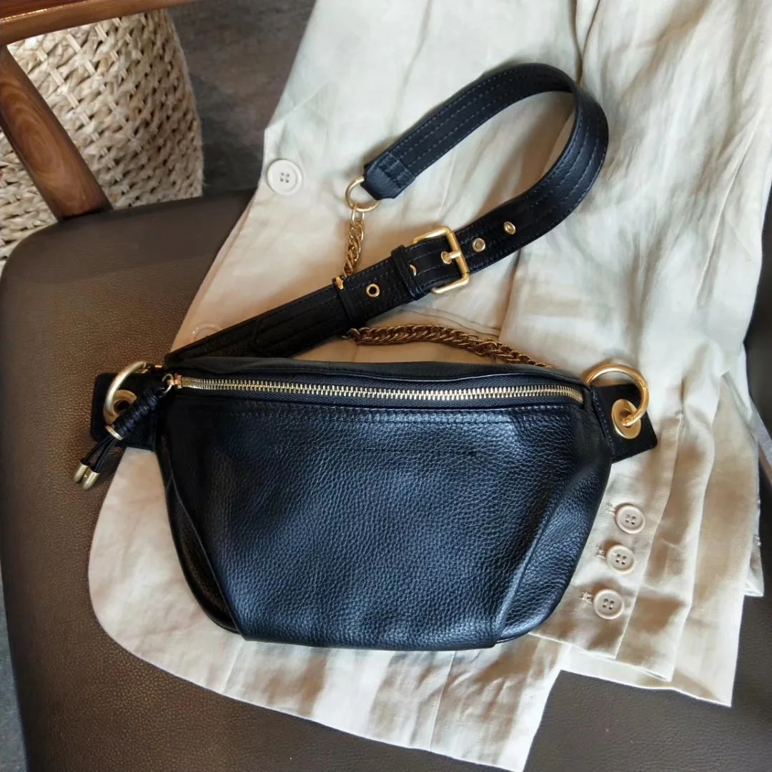 New chest bag female fashion waist bag head layer cowhide wide shoulder strap single shoulder crossbody bag