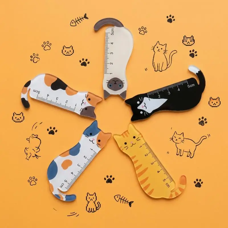 [G] 5Pcs Cute Cartoon Palm Ruler Mini Straight Ruler Student Pocket Stationery Portable Measuring Tool School Office Supplies
