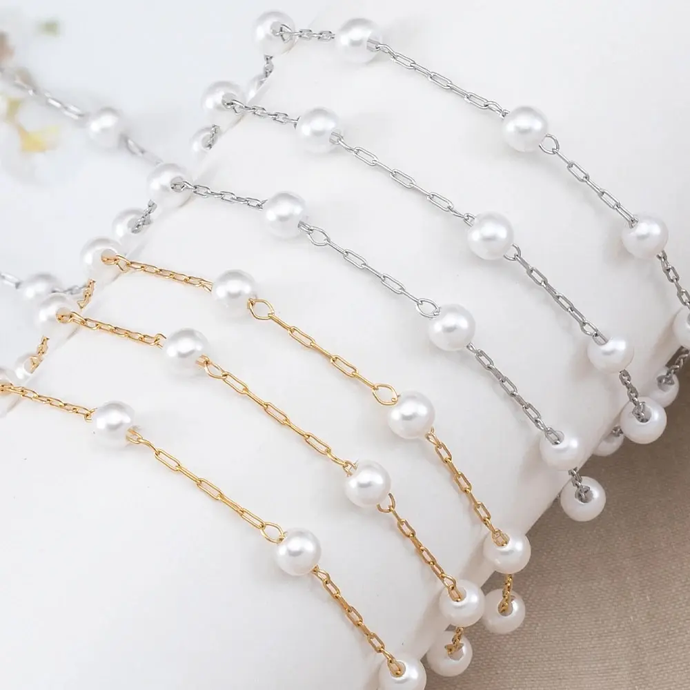 1M Stainless Steel Link Chain Imitation Pearl Ball Beads Chains Accessory DIY Beaded Necklace Bracelet Jewelry Making Findings