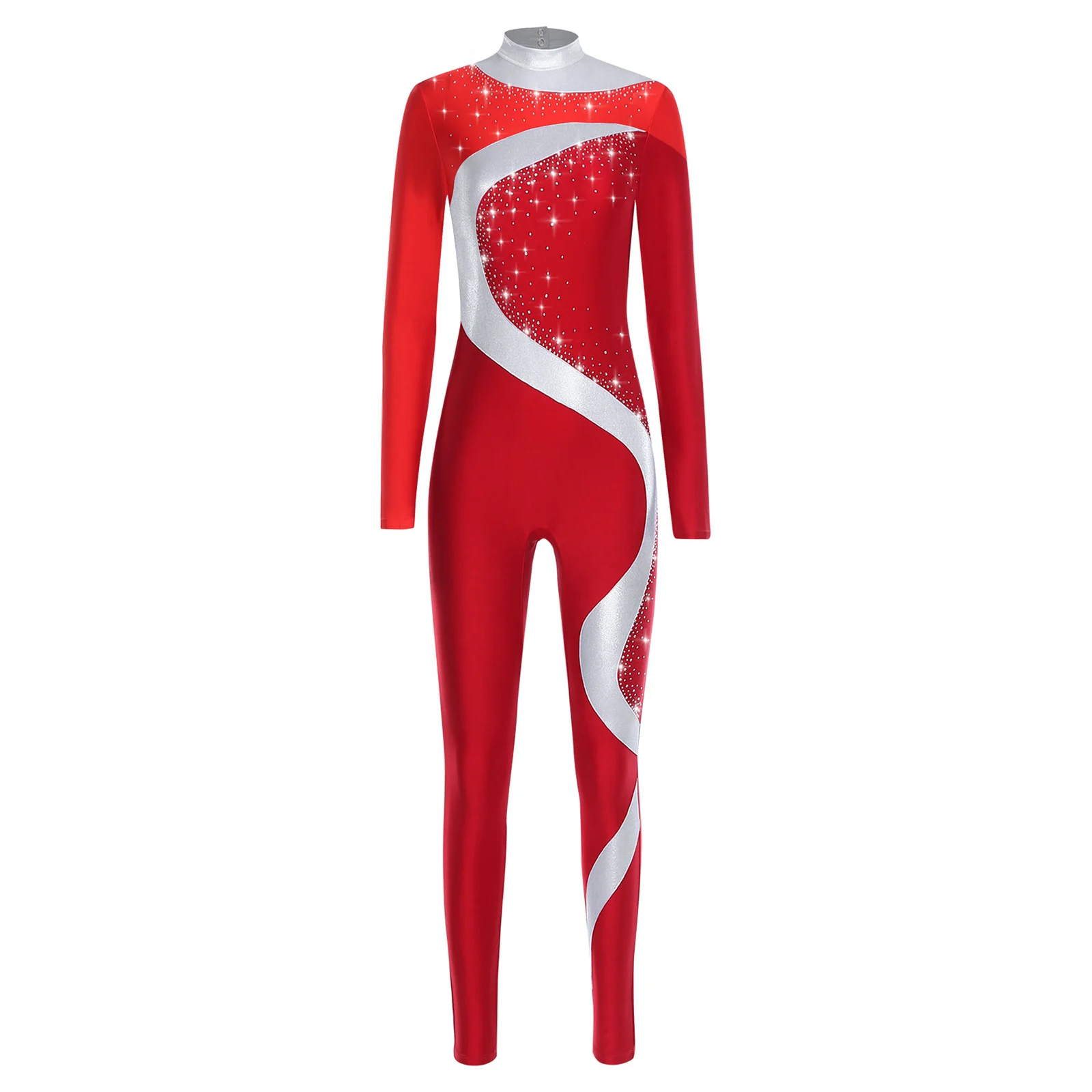 

Womens Mock Neck Long Sleeve Jazz Yoga Unitard Back Hollow Out Shiny Sequins Jumpsuit for Dance Training Show Bodysuit Costume