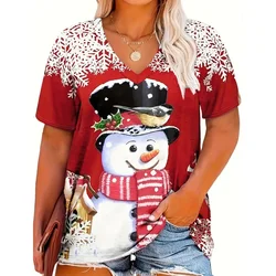 Fashion Red Christmas Day Women's Clothing Summer V-Neck Loose Short Sleeved Father Christmas T-Shirt Trend Hot Selling Styles