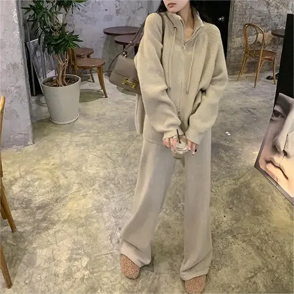 Tracksuit Knitting Two Piece Sets Muslim Women Sweater Cardigan Zipper Wide Leg Pants Suit Casual Arabic Knitwear Ensemble