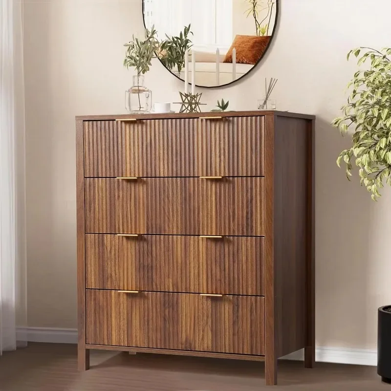 4 drawer dresser modern wardrobe chest of drawers with corrugated groove panels, large wooden storage for bedroom and living