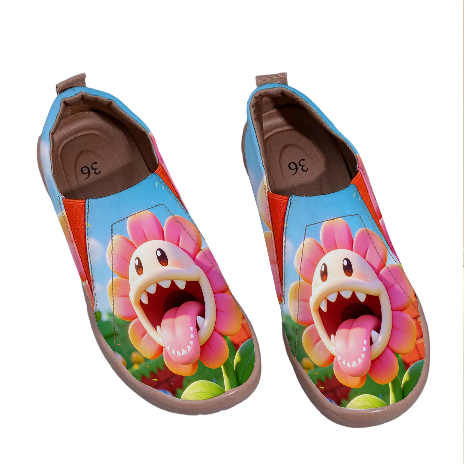 

Women's Wide Toe Box Cute Cartoon Monster Flower Print Slip‑On Shoes, Soft Sole Breathable Canvas Casual Walking Flats