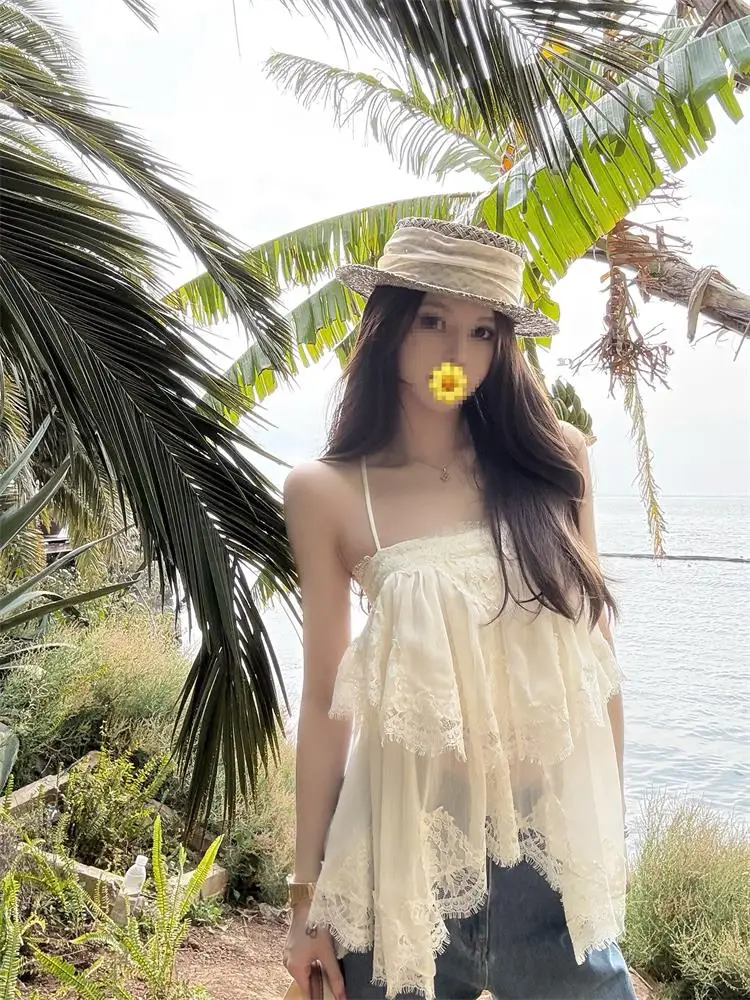 Romantic Atmosphere Spring New Style Women's Lace Backless Strap Dress Top Version Small Size Commute Style Loose Fit Casual
