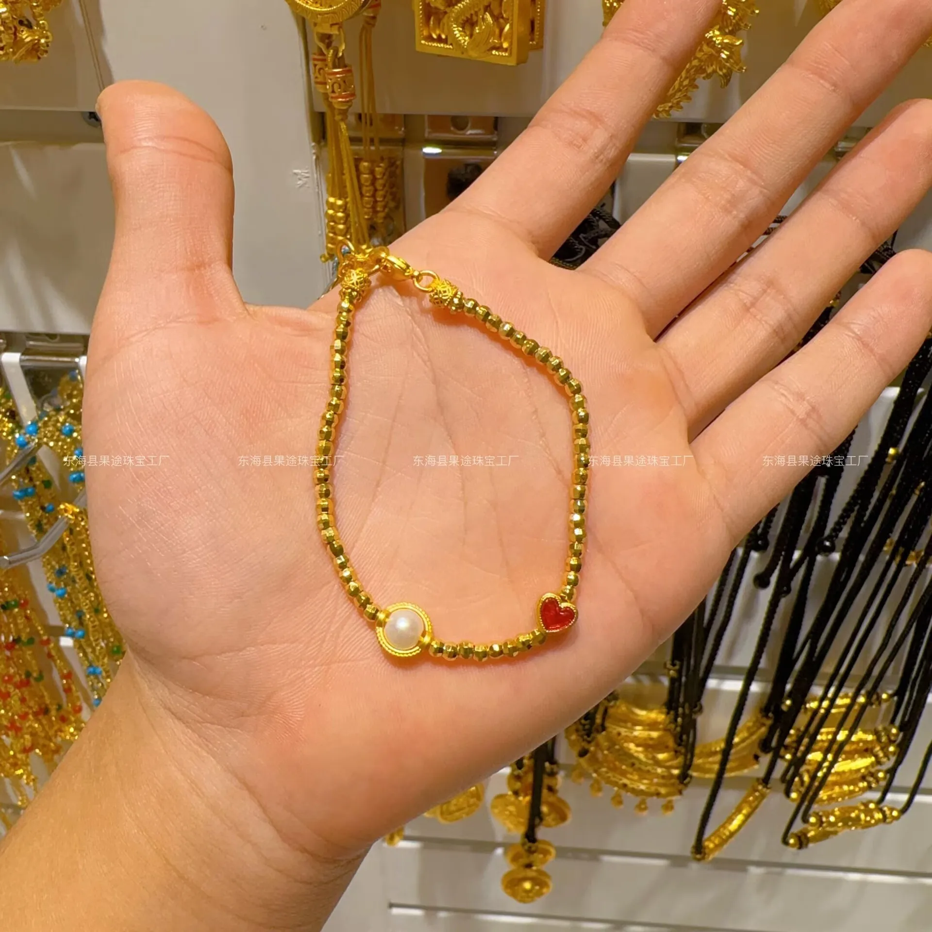 

Plated With Real Gold Preservation Ancient Sand Gold Burned Blue Small Red Heart Pearls Hand Woven Bracelet Women s Girls Gift