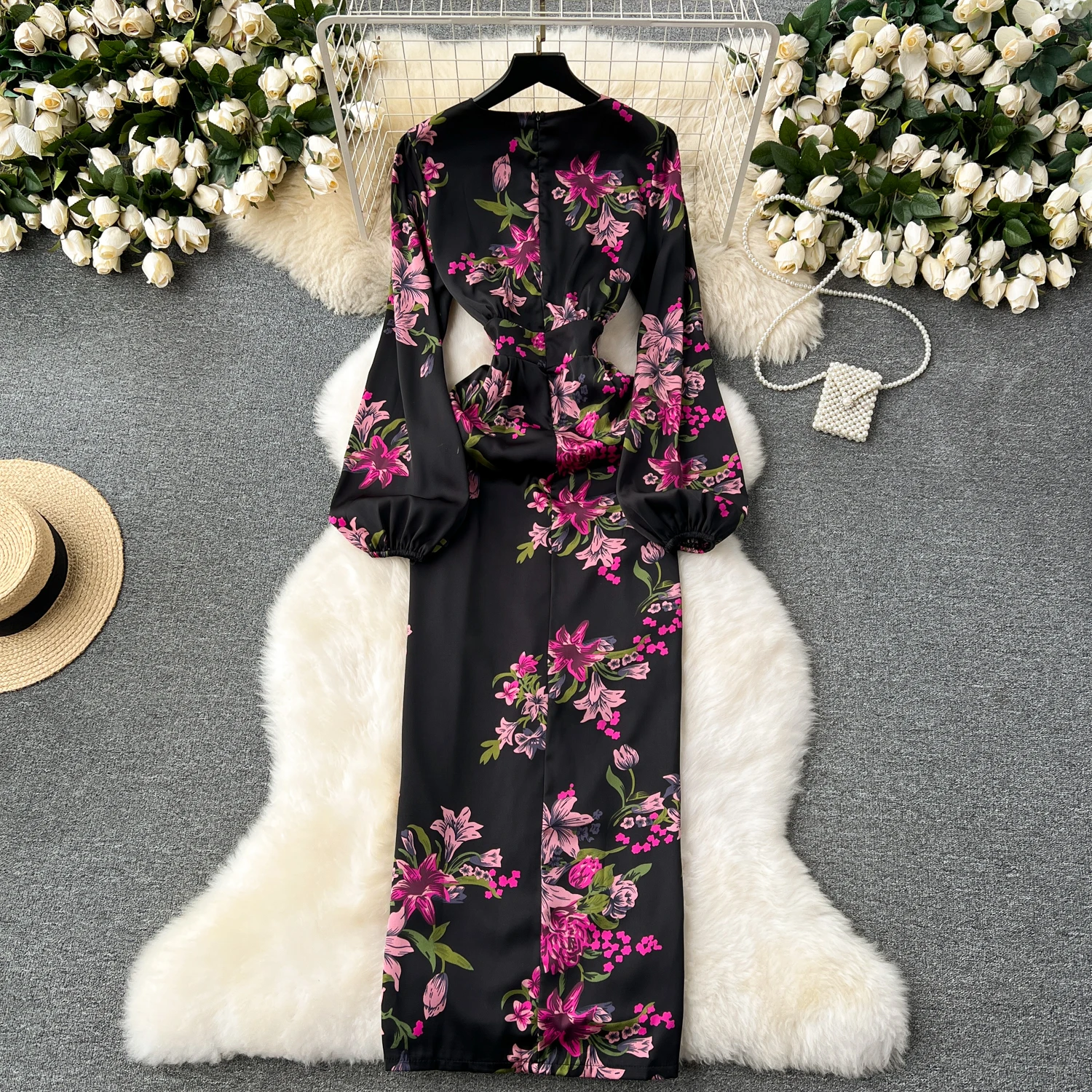 Robe plissée à manches lanterne pour femmes, col en V, imprimé doux, robes trapèze minces, mode sexy, chic et élégante