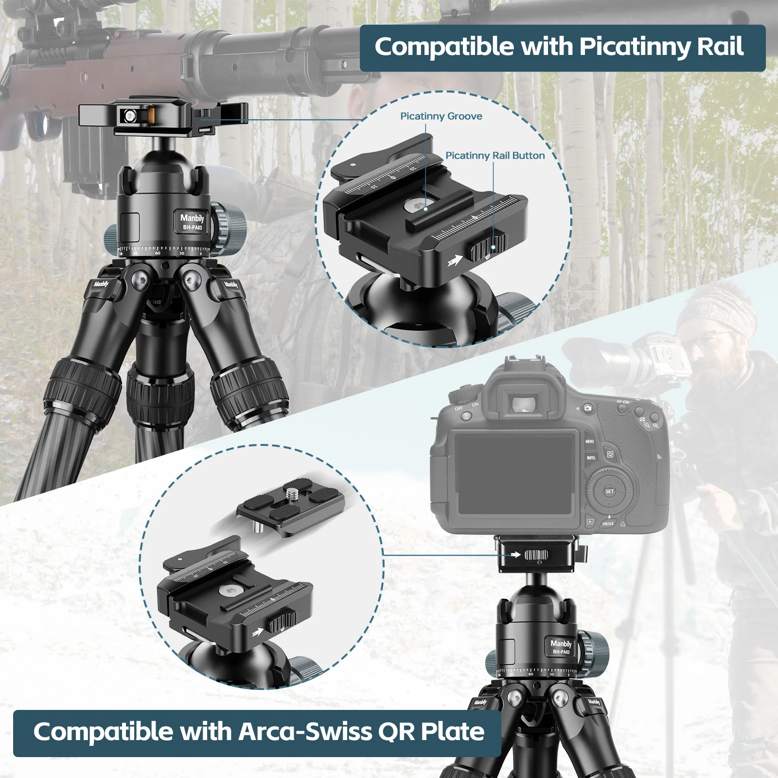 Manbily WZ-2832 Carbon Fiber Tripod Heavy Duty Camera With ARCA Picatinny Dovetail Mounts Clamp Tube 36mm Load 20kg