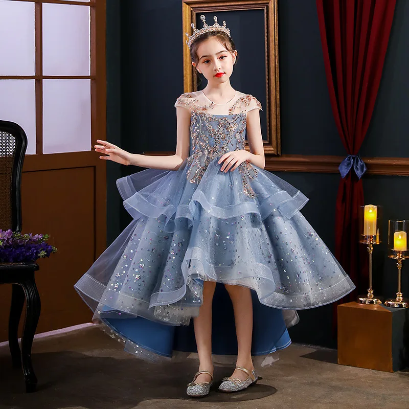 Blue Lace Flower Girl Dress Sequin Tulle Princess Dress For Girl First Communion Dress Kids Birthday Dress Child Party Vestido