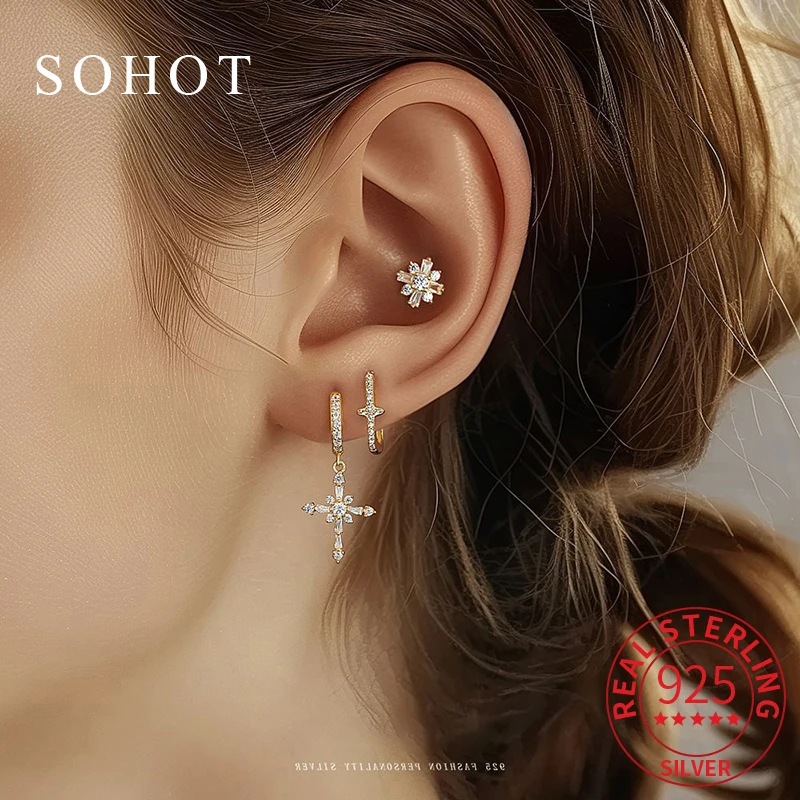 

1 Pcs Real 925 Sterling Silver Geometric Zircon Mini Stud Earrings For Charm Women Trendy Minimalist Fine Jewelry Accessories