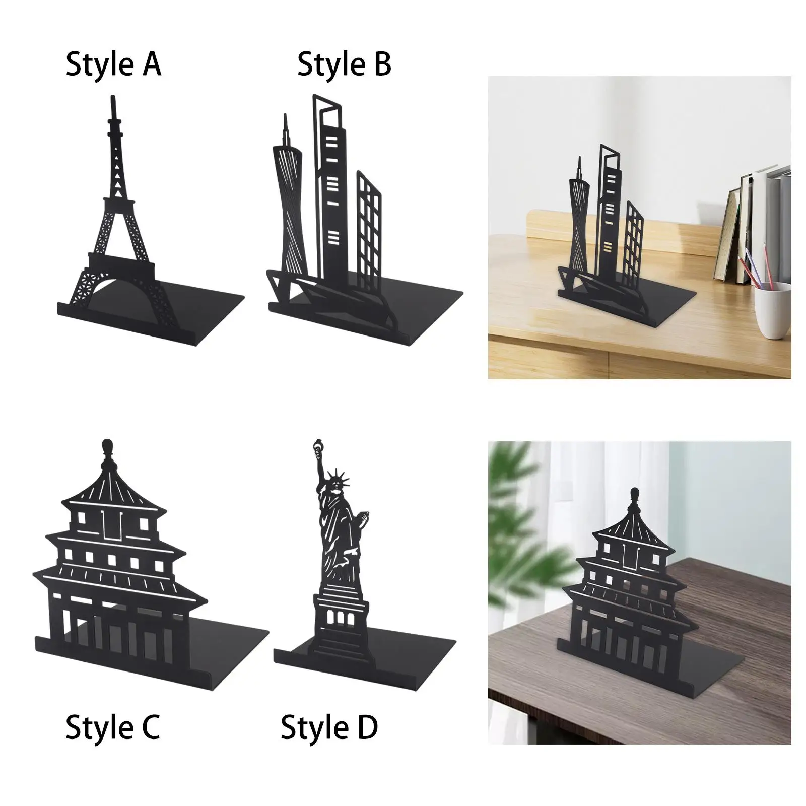 Architecture Silhouette Metal Bookend Book Ends for Book Shelf Holder Sturdy