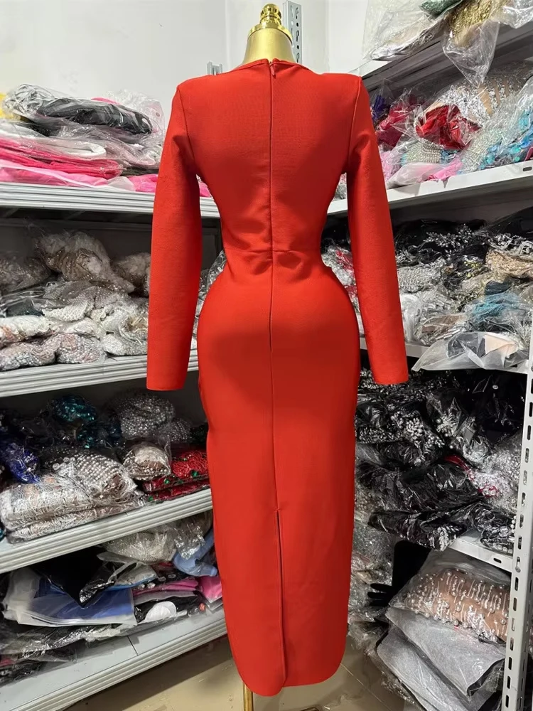 Abito aderente a maniche lunghe con fasciatura scintillante di lusso sexy, festa di celebrità, abiti eleganti da sera per club, set su misura