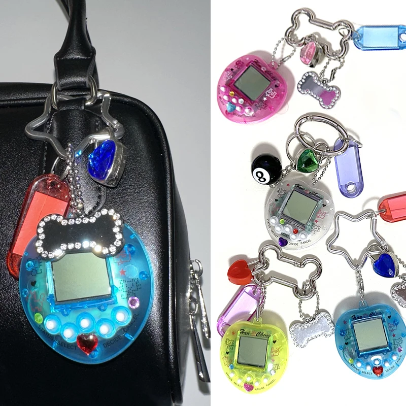 Korean Fashion Rainbow Game Console Bone Keychain Kawaii Harajuku Charm Y2K Crystal Heart Lock DIY Bag Pendant Keychain Vintage