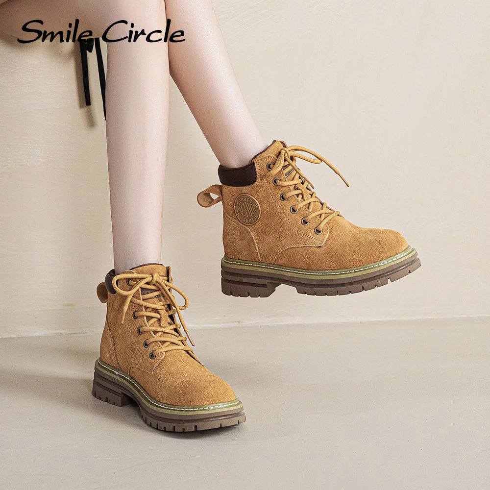 Smile Circle Botas de mujer de piel de ante Botines básicos y versátiles Botas casuales con cordones