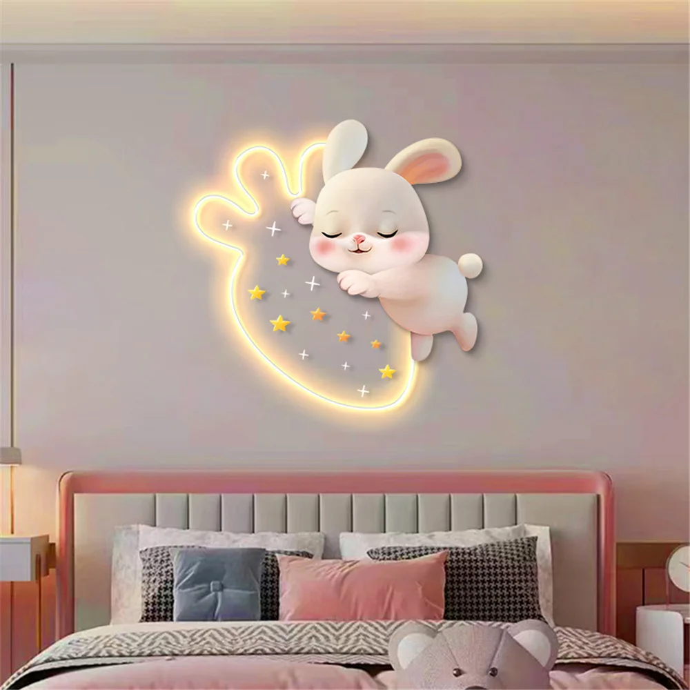 Cartoon Strawberry Rabbit Decorative Painting Led Wall Lamp Girls Bedroom Bedside Atmosphere Light Kids Acrylic Mural Sconces