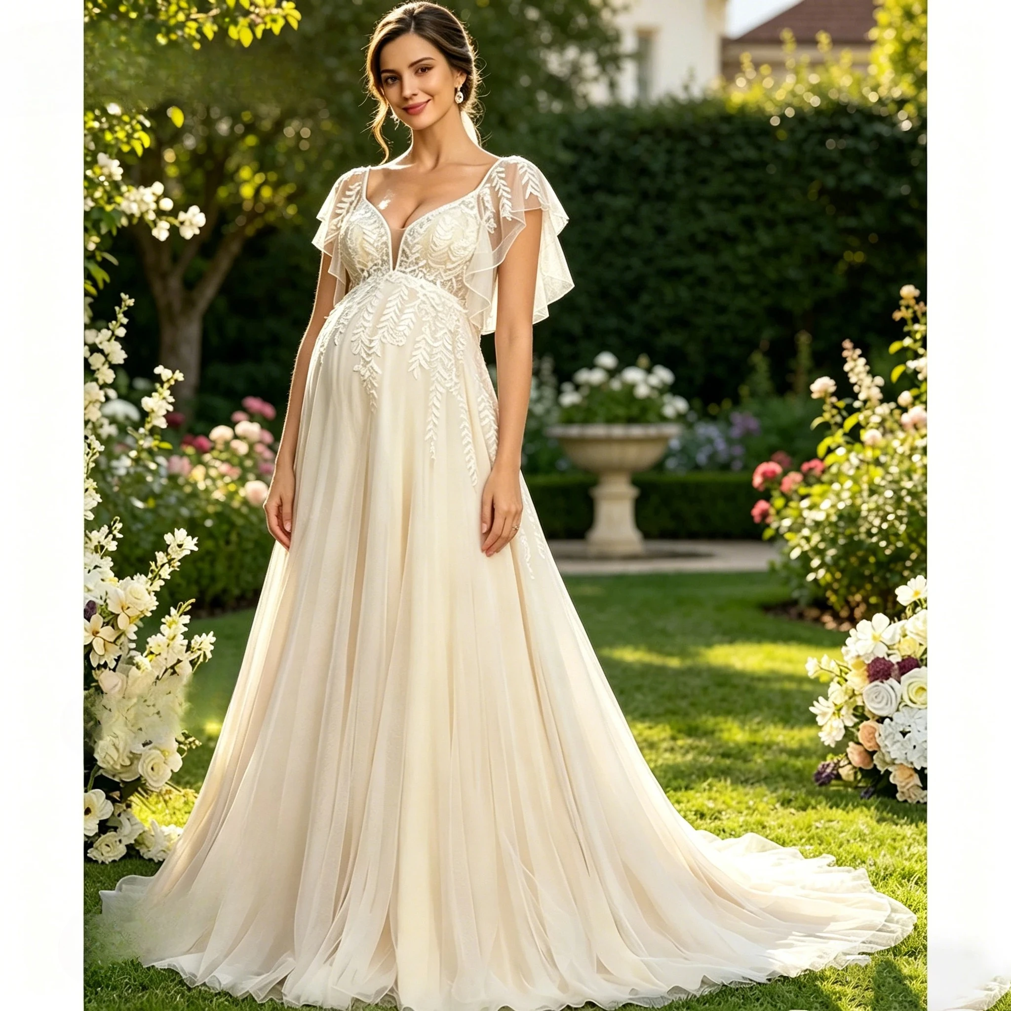 Lace Applique A Line Maternity Wedding Dress Tulle Pregnant Bridal Gown V Neck Pregnant Bridesmaid Dress Customized