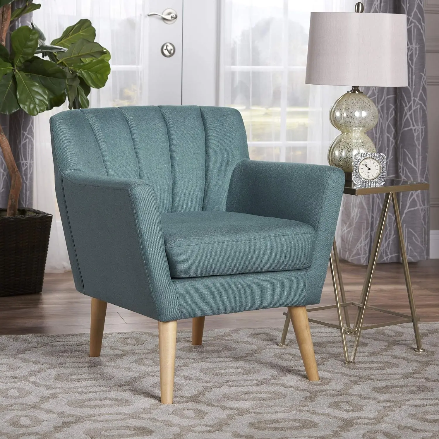 Merel Mid Century Modern Fabric Club Chair, 28.30 "W x 27.60" D x 31.50 "H, Dark Teal/Natural