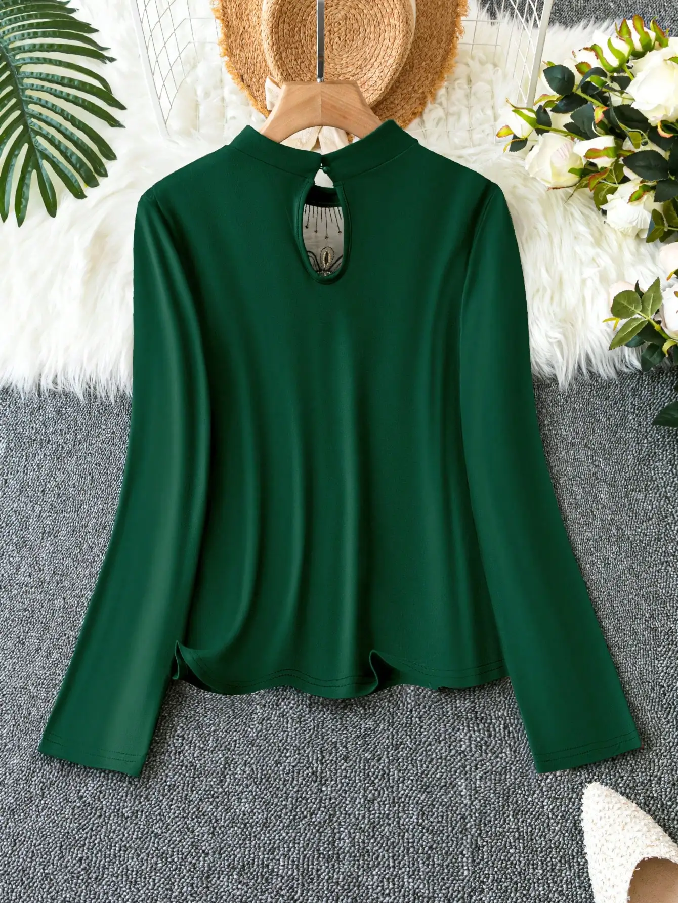 Women's Plus Size Mock Neck Lace Embroidered Top, Hollow Out Back Button Elegant Stretch Long Sleeve Blouse view 2