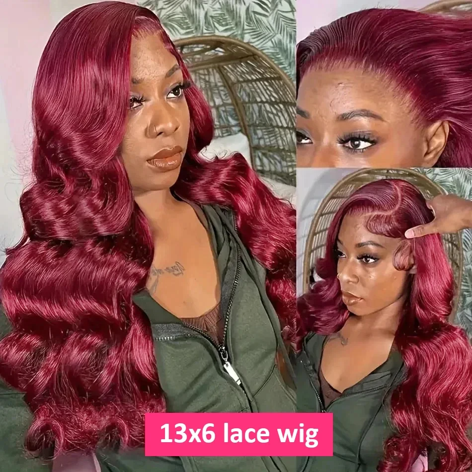 Perruque Lace Front Wig Body Wave Naturelle Rouge Bordeaux HD, Cheveux Humains, 13 Tages, 99J, 13x6, pour Femme Noire