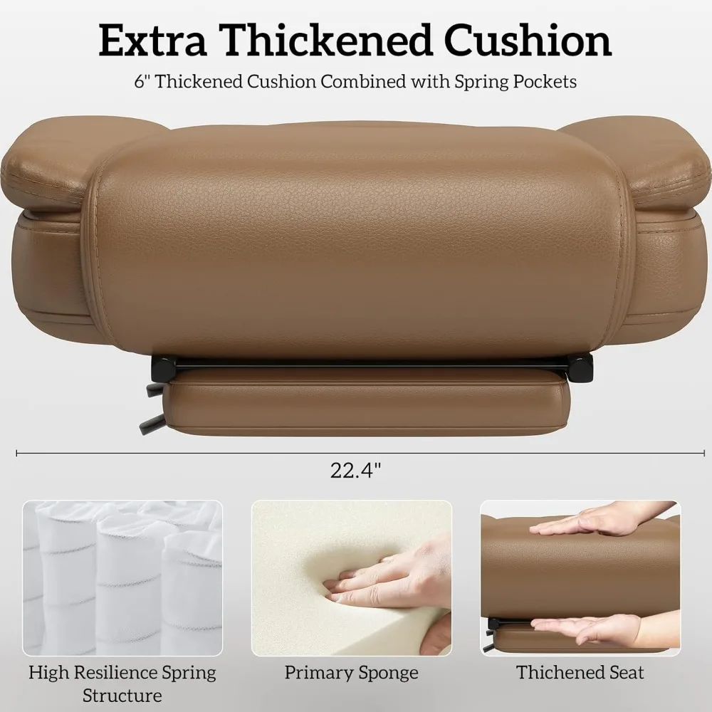 large 160° reclining office chair with wheels, high back, wide seat, armrests, footrest, brown