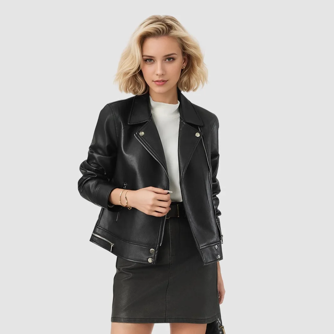 Spring Autumn Women Moto Biker Black Pu Fuax Leather Jacket Streetwear Female Belt Zipper Slim Fit Short Coat Outwear