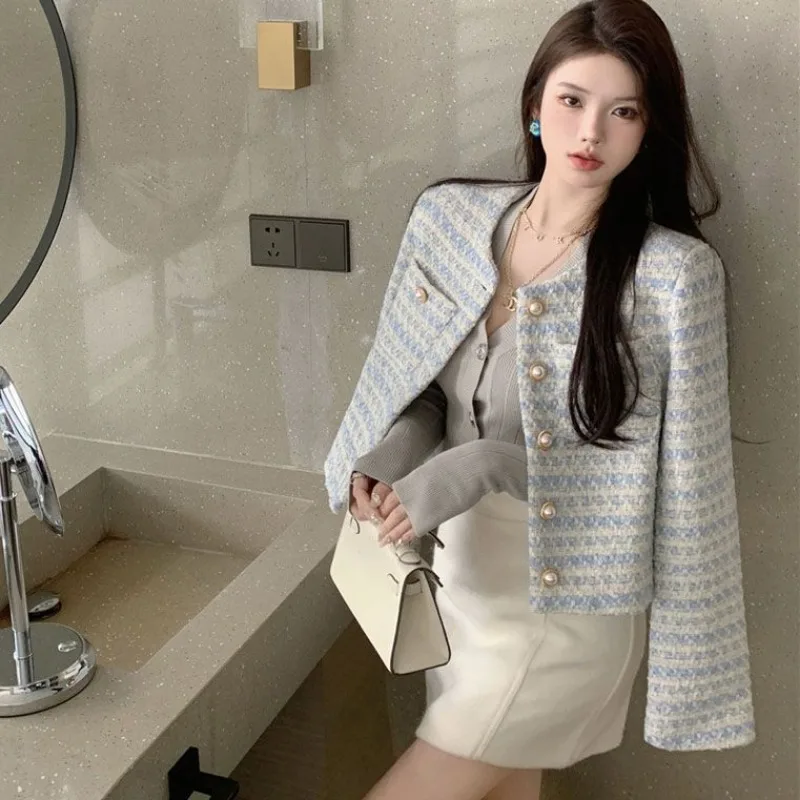 Imagem -04 - Jaqueta de Manga Longa de Tweed Feminina Blazer Chique Coreano Cabolsa Lapela Botões de Coração Roupas Novas para Primavera e Outono