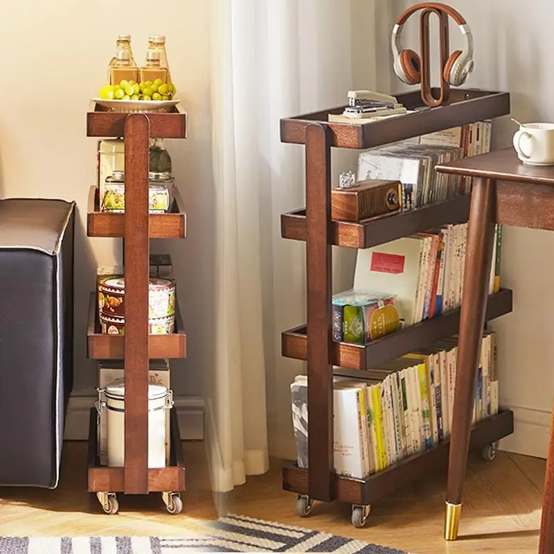 

Solid wood sofa side few shelves living room home floor multi-layer storage rack narrow crack bedroom mobile trolley