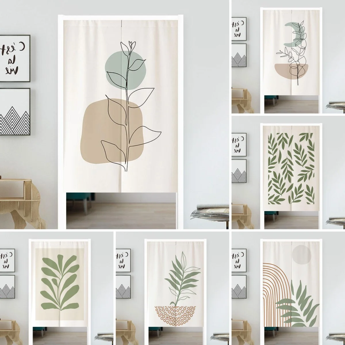 VIKAMA Boho Botanical Line Art Print Door Curtain Privacy Partition Curtain Living Room Bedroom Home Decor Ornament