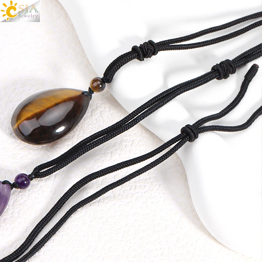 CSJA Natural Stone Male Necklace for Women Water Drop Pendant Healing Tiger Eye Amethysts Crystal Pendants Necklaces H351