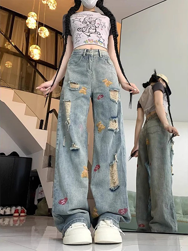Retro Washed Bear Embroidery Frayed Hem Denim Jeans Women's High Waist Loose plus Size Straight Leg Pants Casual American Style