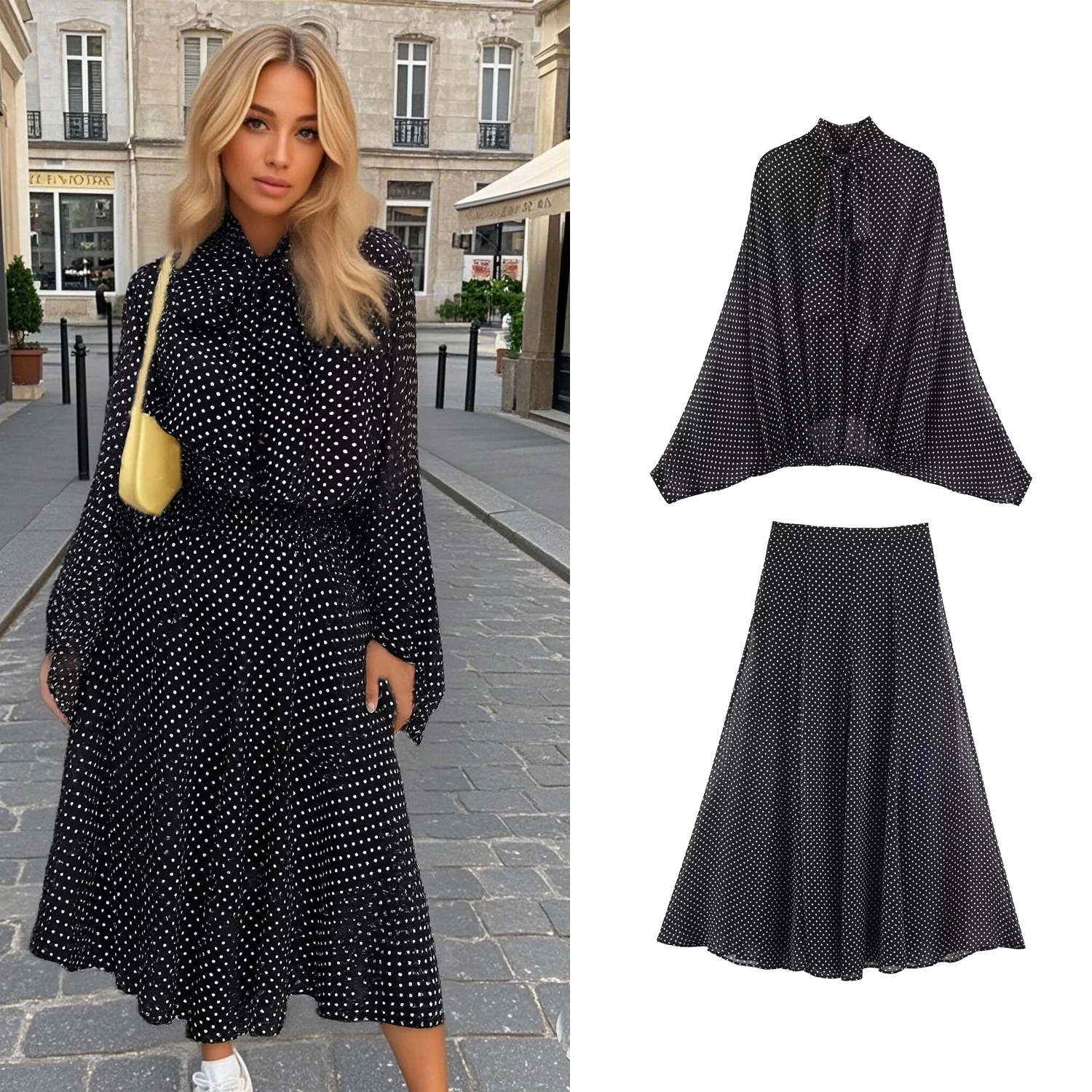 Conjuntos de Falda Midi con Estampado de Lunares para Mujer, Primavera Verano, Blusa Nueva con Lazo Elegante para Mujer o Falda Midi de Moda Urbana