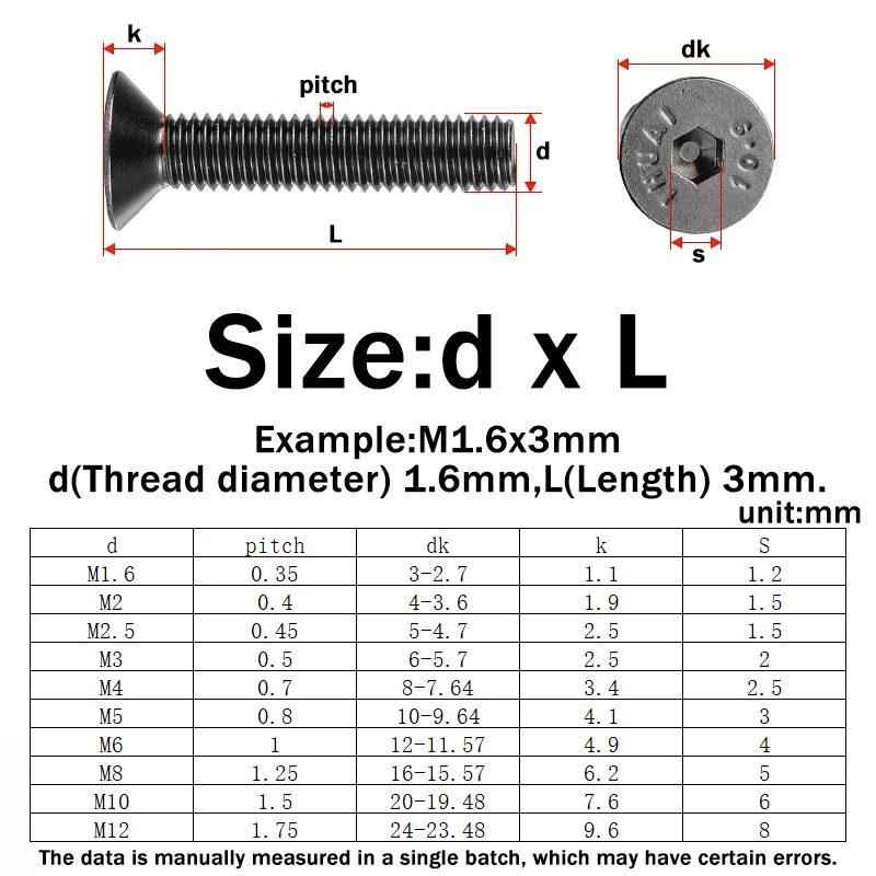 2~50pcs Hexagon Socketflat Screw M2 M2.5 M3 M4 M5 M6 M8 Grade 10.9 Black Nickel Plating Allen Bolts Machine Screw Din7991