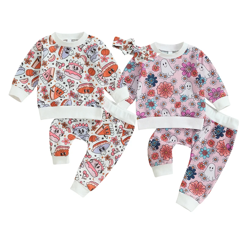 

2023-06-12 Lioraitiin 0-3Years Toddler Girls 2Pcs Halloween Clothes Sets Long Sleeve Floral Pumpkin Print Tops Pants Headband