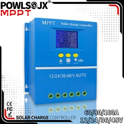 POWLSOJX MPPT Solar Charge Controller, 60A/80A/100A - Compatible with 12/24/36/48V Batteries, Multi-Battery Support