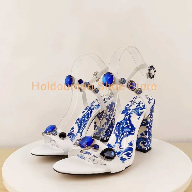Flowers Ornate Gemstone Decor Printed Pattern Women's Chunky Heel Sandals Summer Peep Toe Diamond Buckle Strap Beach Sandals