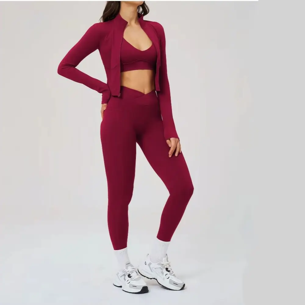 

3PCS Tracksuits Yoga Set Women High Waist Leggings Zipper Jacket Long Sleeve Sport Bra Sports Set Women Yoga Gym Suit Sportswear