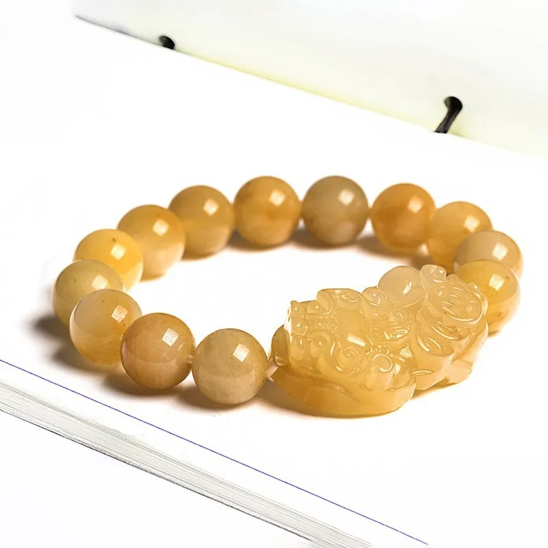 

Natural Golden Silk Money Pixiu , Gobi Yellow Jade Piqiu Bracelet