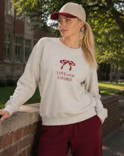 Women Bow Knot Letter Slogan Print Crew Neck Sweatshirt Preppy Sweet Loose Long Sleeve Casual Street Pullover Tops